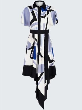 Halston Geometric Print Handkerchief-Hem Dress in Blue, Black and White